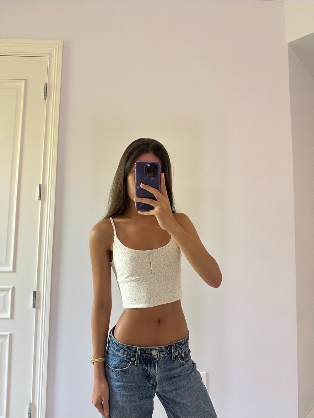 White Floral Spaghetti-Strap Cropped Cami